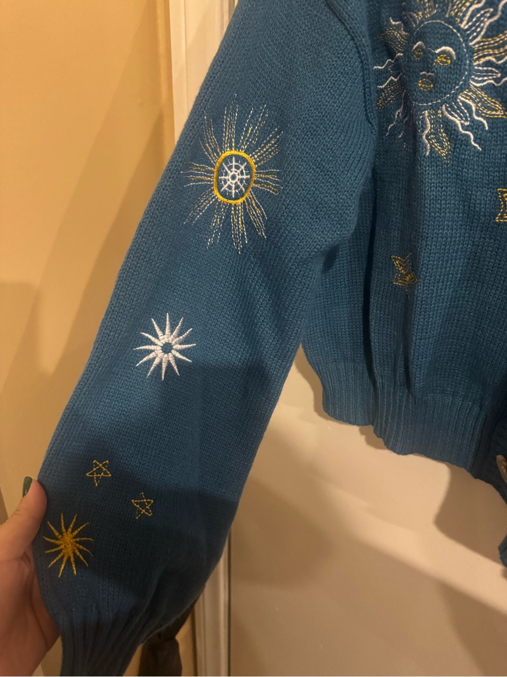 Embroidered Teal V-Neck Button Cardigan Sweater - Picture 5 of 7